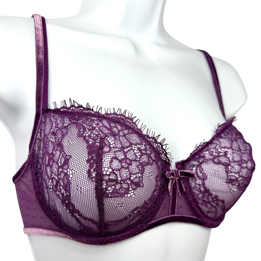 Simone Perele Delice Lace Velvet Trim Plunge Bra Purple Womens 34C NWOT